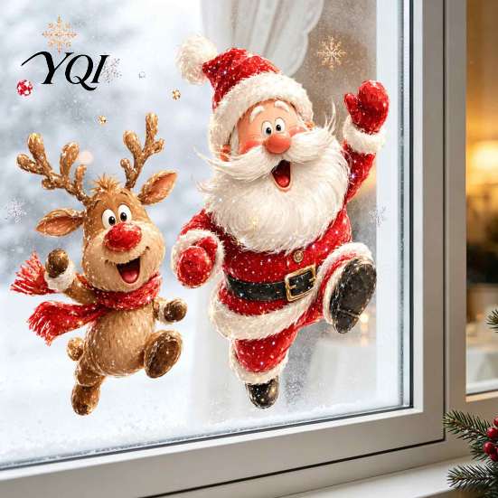 Seasonal Home Window Decor Christmas Static Clings, Removable Glass Decals, Snowman Santa Reindeer Nutcracker Office Store Displays with Snowflakes,