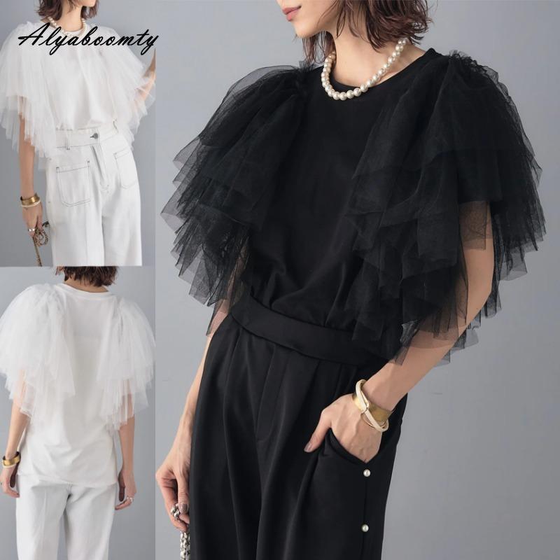 Корейский стиль Летняя женская мода Топ Короткий О-образный вырез Белая Черная многослойная сетчатая футболка с оборками Короткий рукав Стильная женская футболка