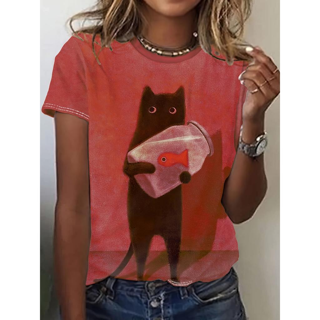 Women's TShirt Cat Print Design Harajuku Casual Short Sleeved Top Fashionable Trend Clothing