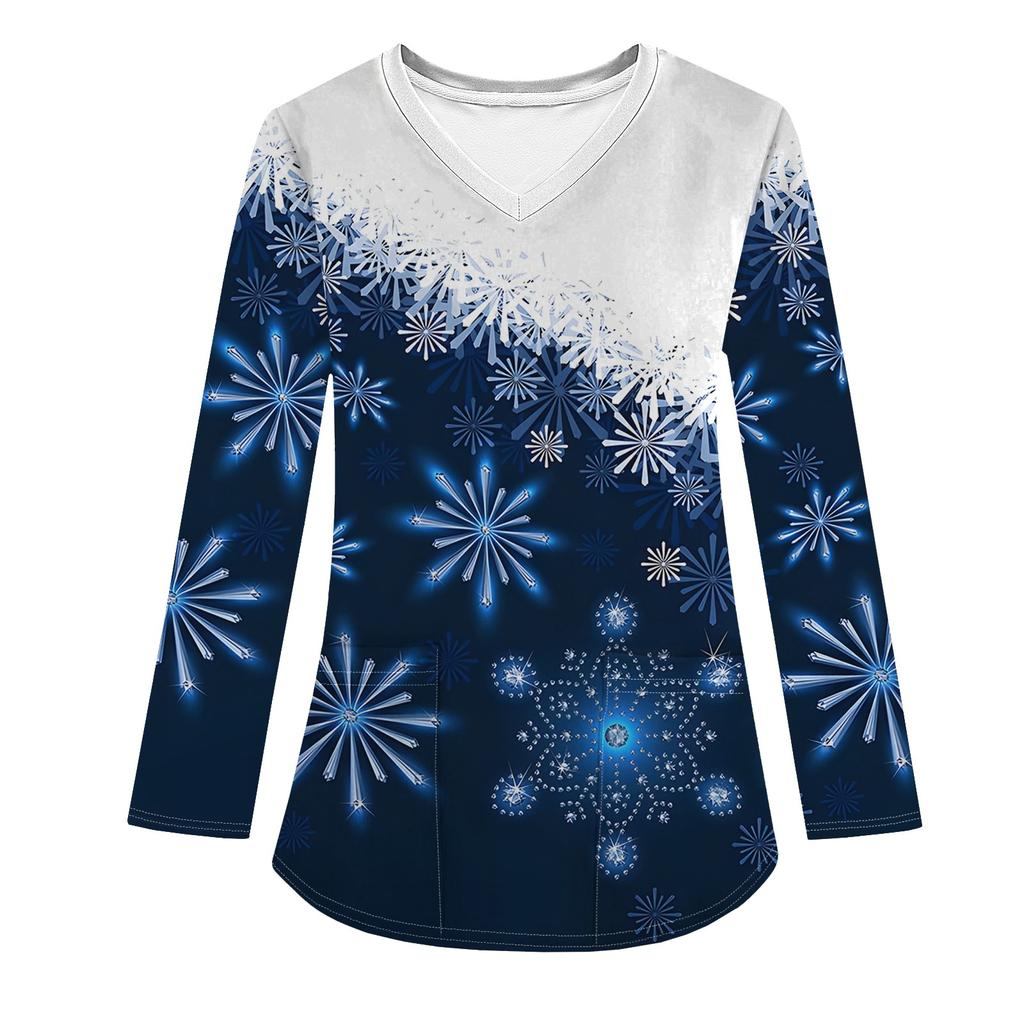 Женская модная рабочая одежда с V-образным вырезом, длинным рукавом и карманом, рождественский принт, футболка, топ