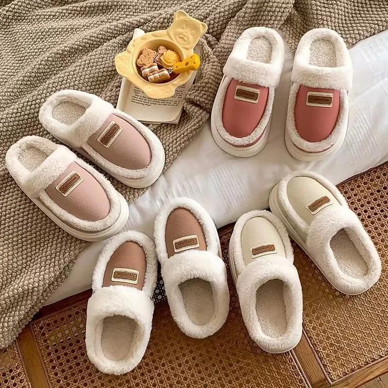 Зимние женские домашние тапочки, модные кожаные плюшевые тапочки на платформе с шитьем, домашняя хлопковая обувь, флисовые теплые домашние тапочки