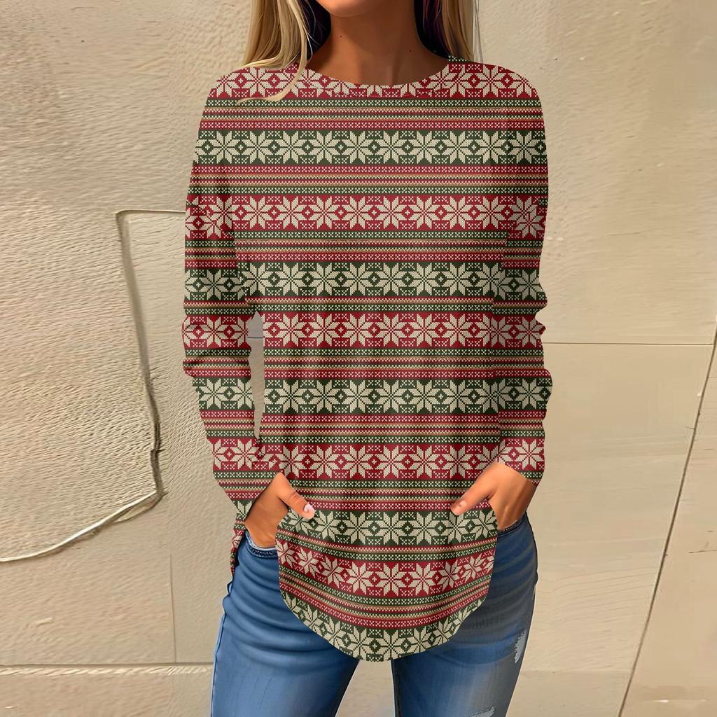 Tee Shirts For Women Fall Casual Long Sleeve Shirts Sweatshirt Vintage Graphic Printing Top Pullover Christmas