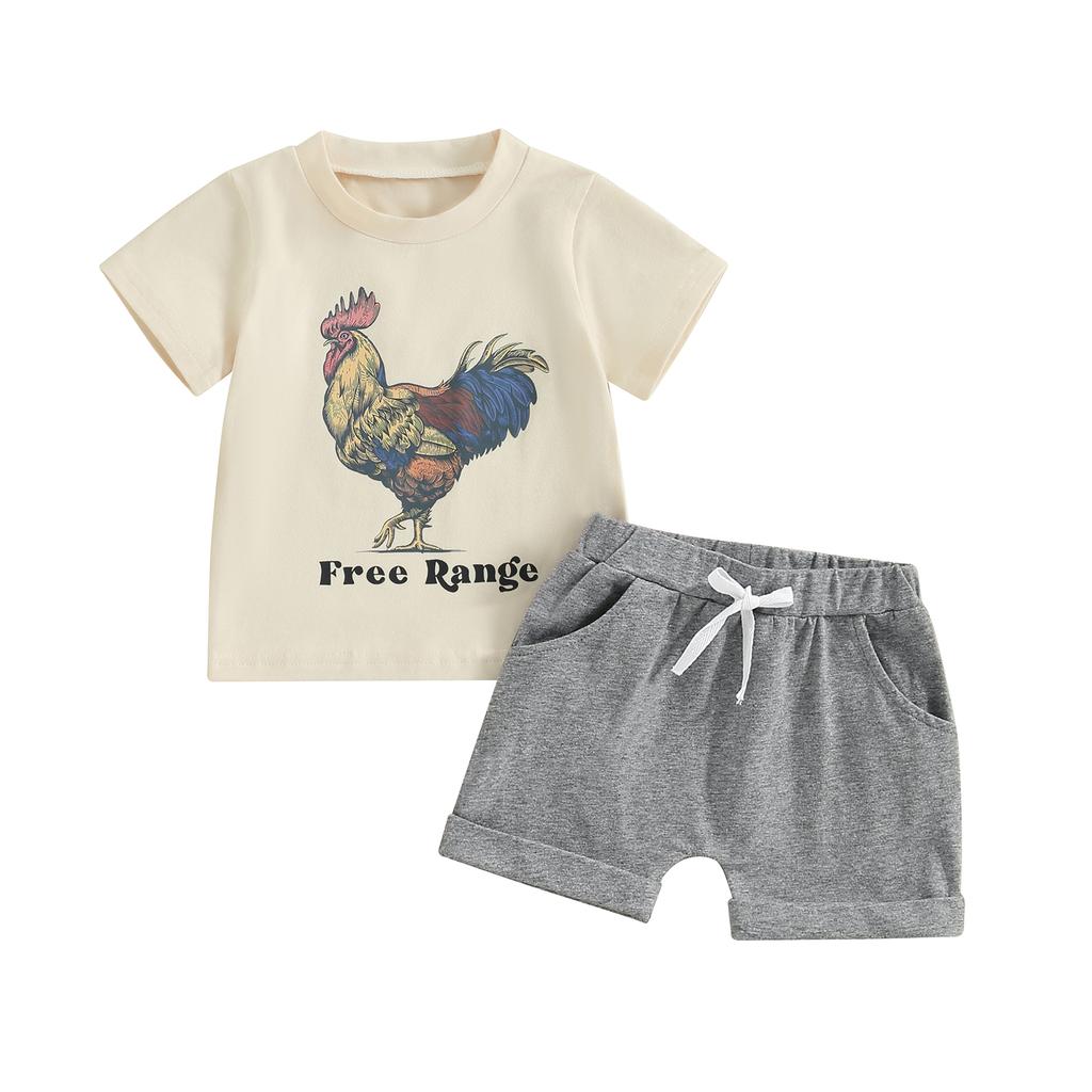 2Pcs Baby Boy Summer Outfits Short Sleeve Rooster Print T-Shirt + Shorts Set Infant Clothes