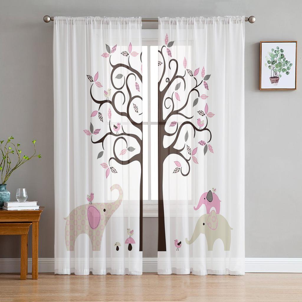 Тюлевые шторы с изображением деревьев и слонов для гостиной, кухни, прозрачная вуаль, занавеска для спальни, оконные панели