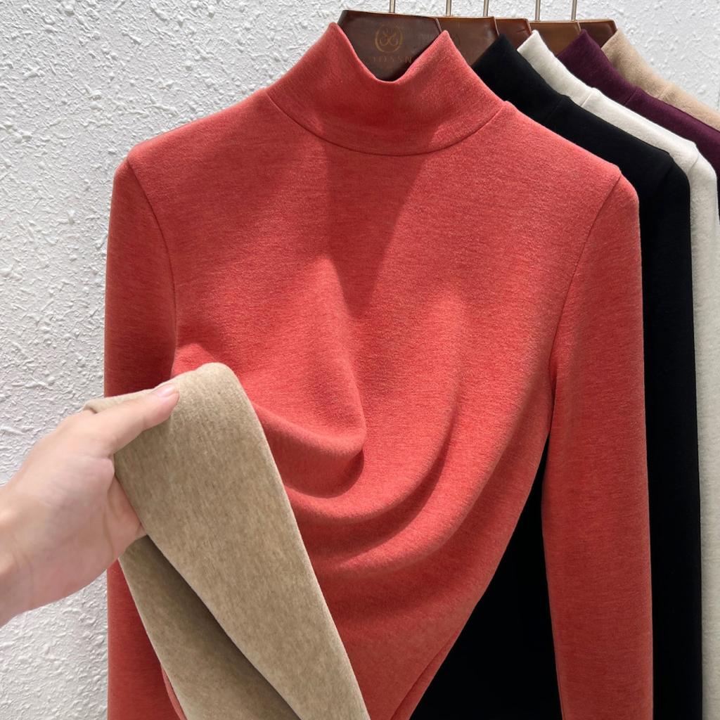 Autumn and Winter Women's Clothing Containing Wool and Silk Bottoming Shirt Women's Inner Heating Fleece Warm Turtleneck Top with Fleece and Thicker