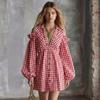 American Vintage Plaid Long Sleeve Lantern Sleeve Off Shoulder Dress