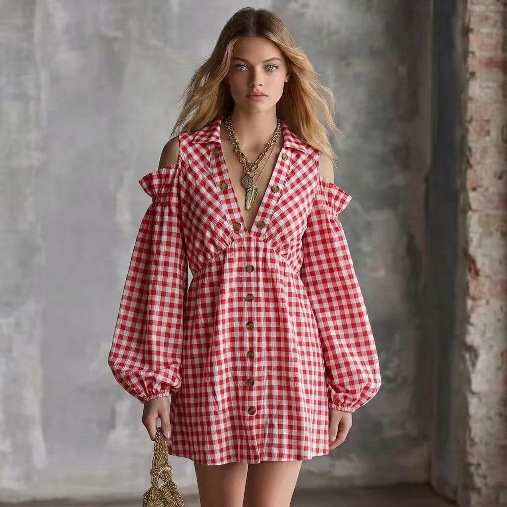 American Vintage Plaid Long Sleeve Lantern Sleeve Off Shoulder Dress