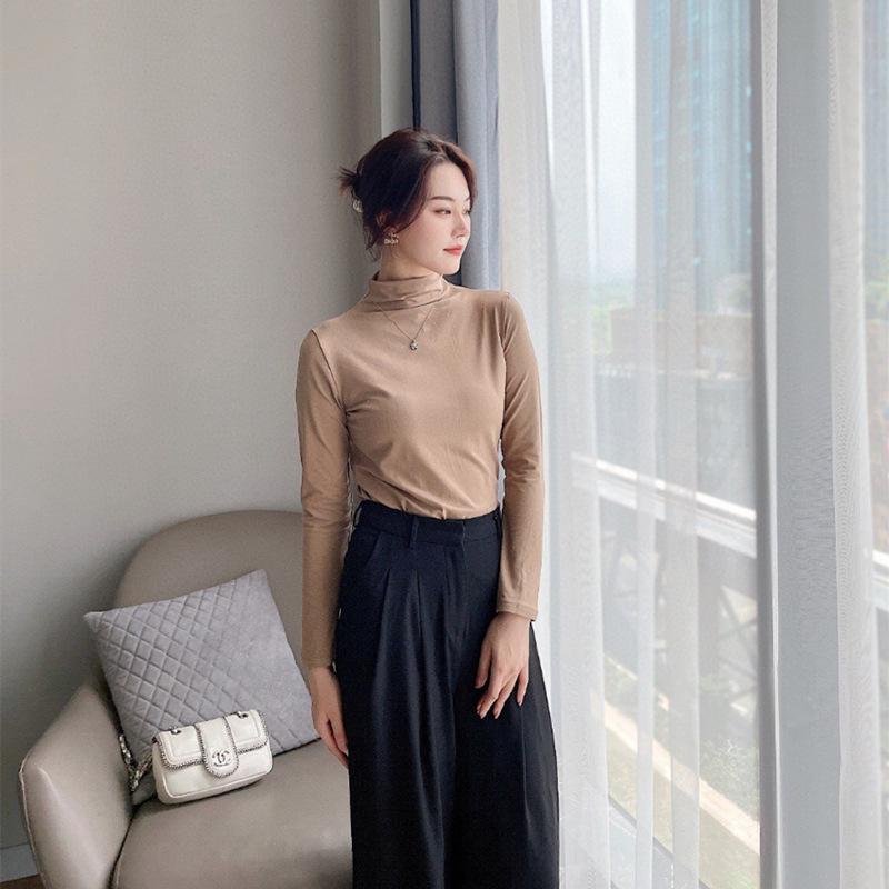 Топ с длинным рукавом на раннюю осень, ощущение обнаженности: Приятный к коже, с высоким воротником, модный девятицветный, японско-корейский тренд, молочный шелк для женщин