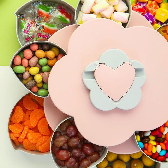 Petal-Shape Rotating Candy Box Snack Nut Box Flower Candy Fruit Plate Food Storage Case Two-deck Dried Fruit Storage Organizer