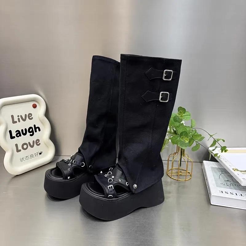2025 Summer New Women's Cover Heel Sandals Outdoor Buckle Rivet Slip On Knee-High Boots Women Modern Platform Thong Sandals