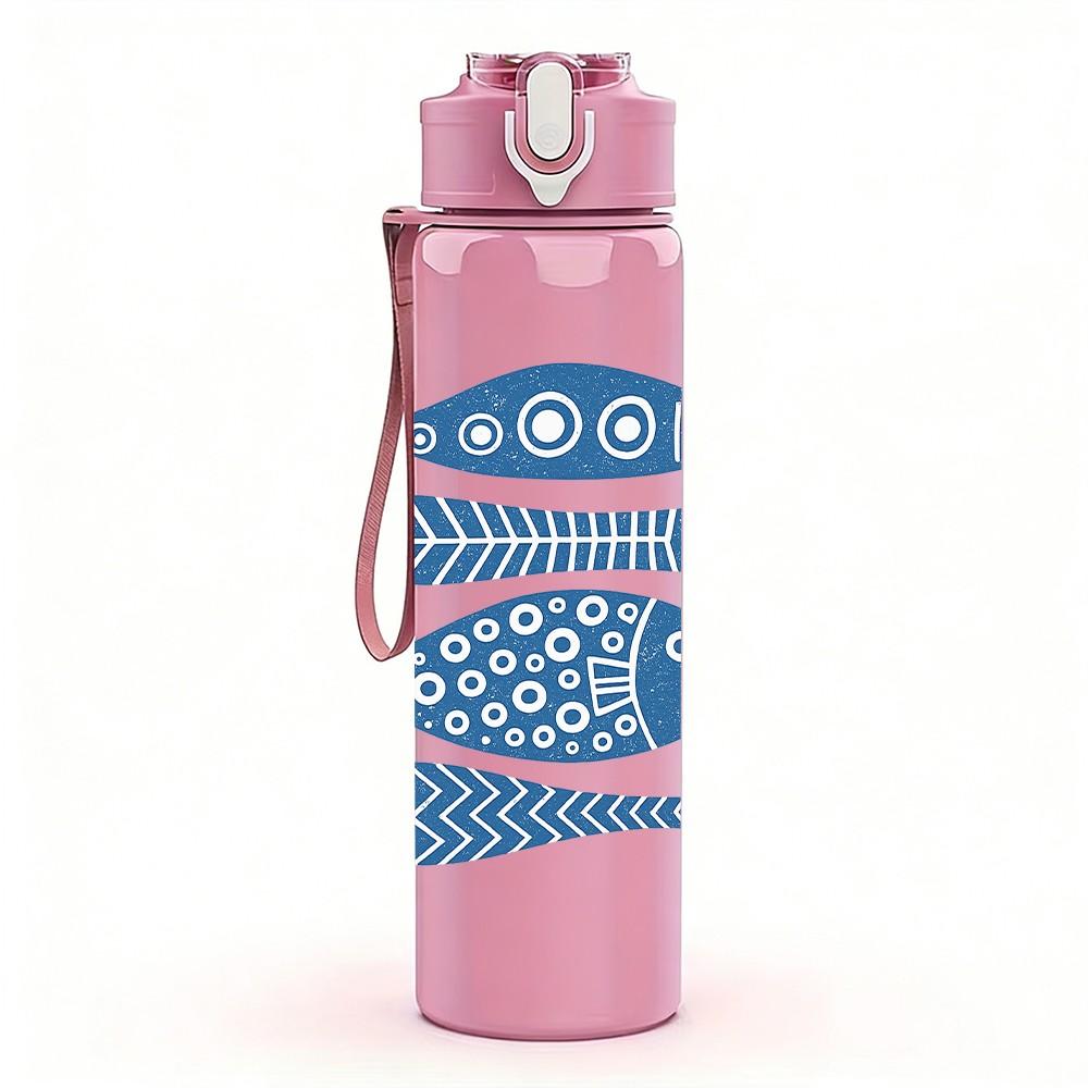 1PC Stacked Fish Blue Sketch Pattern 750ml Color Plastic Sports Water Bottle Leakproof Flip Straw Lid Suitable for Sports Office Home Use