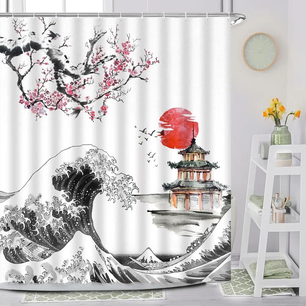 Японская шторка для душа, Морские волны Сакура Красное солнце Аниме Кимоно Женщина Пейзаж горы Фудзи Тушь Журавль Птица Декор для ванной