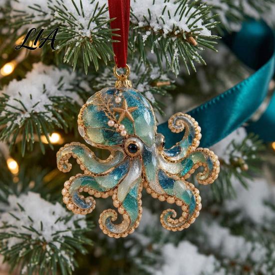 Holiday Hanging Decor Sea Glass Christmas Ornament, Coastal Turtle Whale Shark Octopus Ornament Tree Decoration, Ocean-Inspired Acrylic Pendant