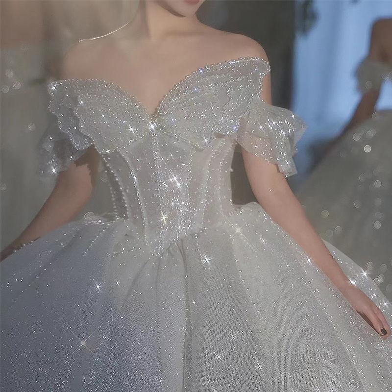 Французский бант Свадебное платье без бретелек - Сверкающее роскошное свадебное платье, Принцесса бальное платье из блестящего тюля с корсетом