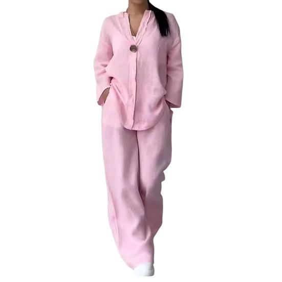 2 Pcs/Set Women Plus Size Shirt Trousers Set Solid Color Long Sleeves V Neck Blouse High Waist Loose Wide Leg Pants Set Casual Commute Outfit