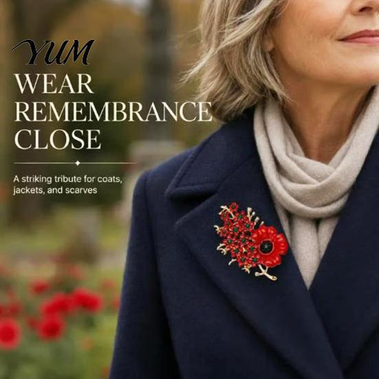 Memorial Lapel Pin Never Forgotten Victory Blossom Brooch, Red Flower Alloy Floral Brooch with Rhinestone, Badge Jewelry for Veterans Women