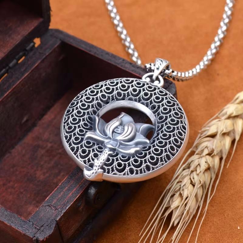 Classic Lotus Lucky Buckle Pendant For Women Jewelry Trendy 925 Silver Sweater Chain Long Necklace Retro Ethnic Men Necklace