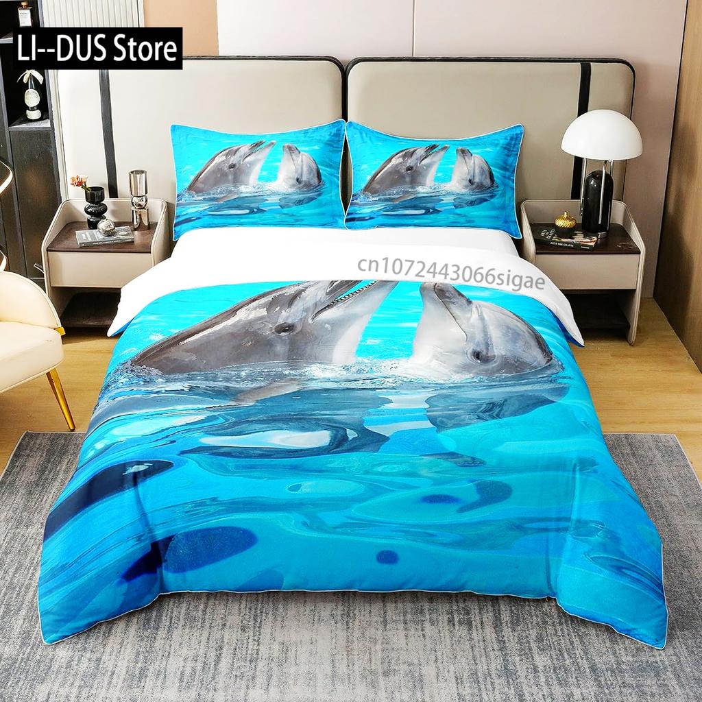 Galaxy Bedding Set Dolphin Comforter Cover for Kids Adult Duvet Cover Sea Creatures Bed Cover Starry Sky Blue Room Decor 3Pcs