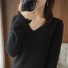 Korean Style V-Neck Long Sleeve Knitted Sweater for Women - Autumn/Winter Solid Color Loose Fit Pullover Top
