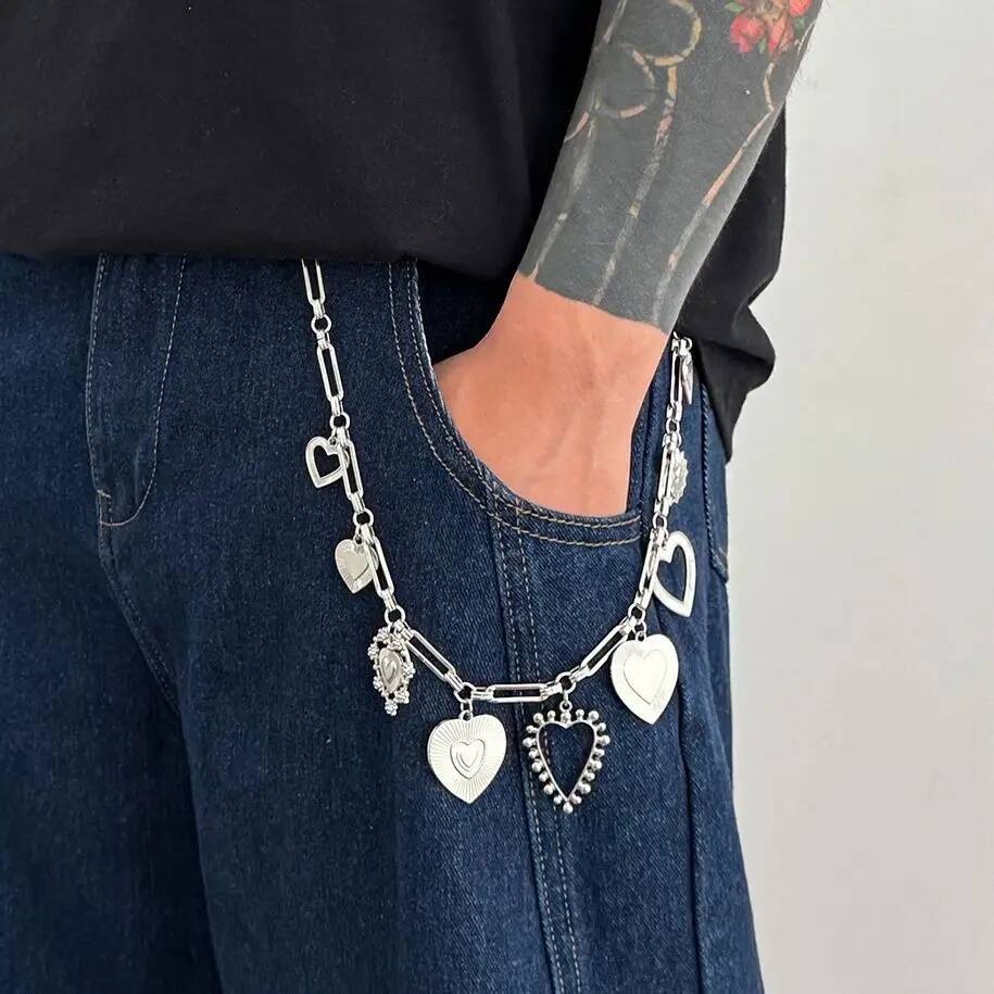 Salircon Hip Hop Love Heart Metal Keychain Waist Chain Jeans Chain for Men Punk Trousers Jeans Pant Wallet Bag Chain Y2K Jewelry