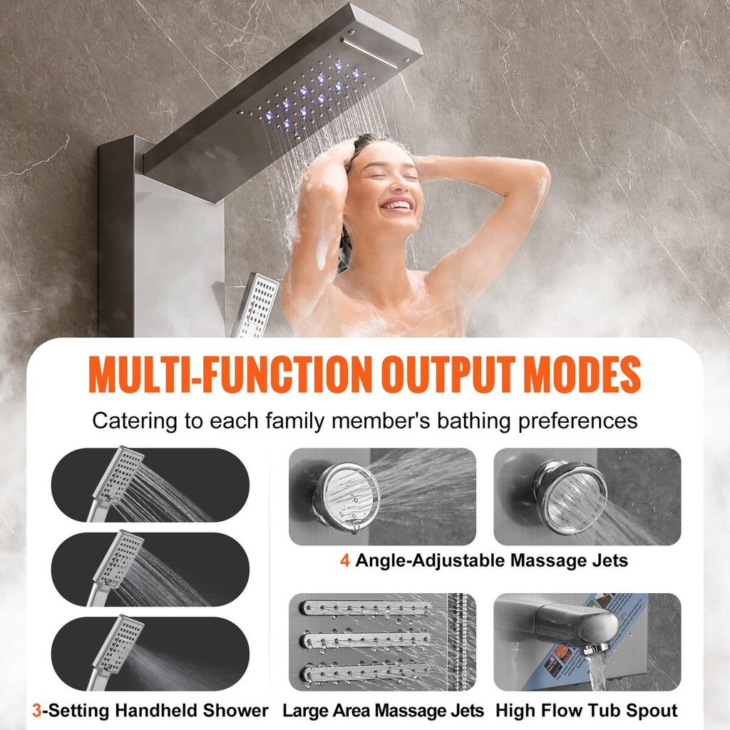 Shower Panel Tower System 6 Modes Hydroelectricity LED Stainless Steel