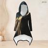 Women Plus Size Black Gold Printed Hooded Long Sleeve High Low Top And Fitted Pants Two Piece Set
