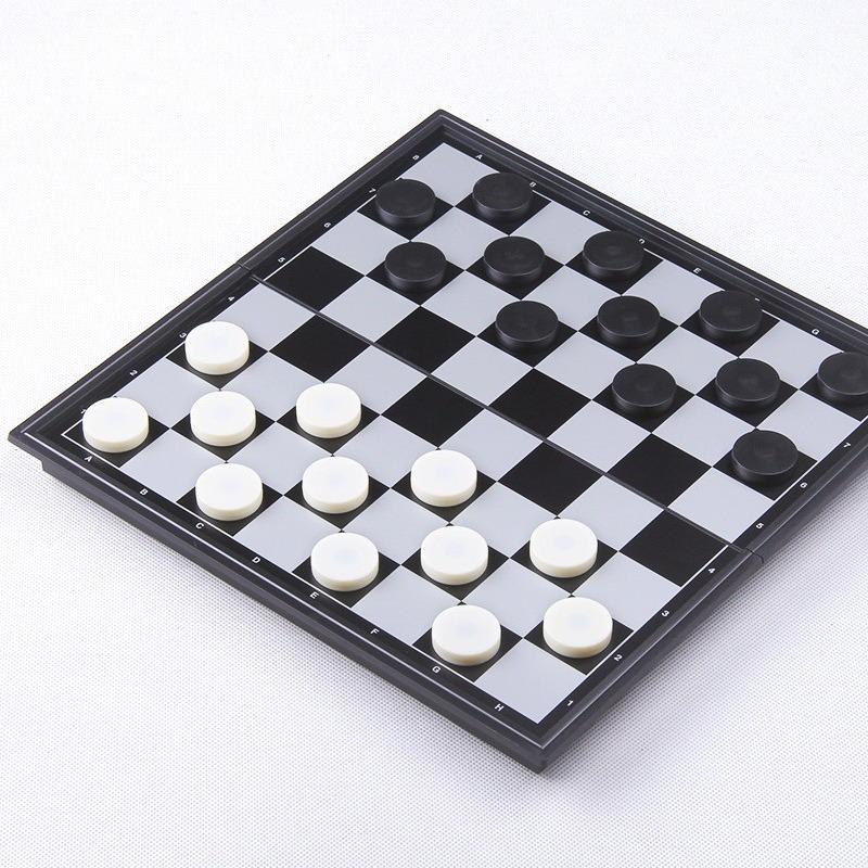 Magnetic Folding International Checkers & Chessboard: 100 Squares, Black & White, 64-Piece Set.