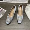 Coarse Heel French Rhinestone Square Head Shallow Mouth Single Shoes Women's Summer 2025 New French Temperament High Heels Dinner Shoes