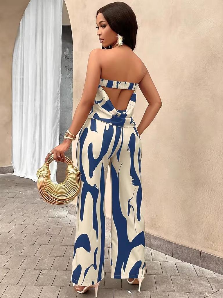 Summer 2026 Women's Printed Strapless Backless Top and Wide-Leg Pants Set