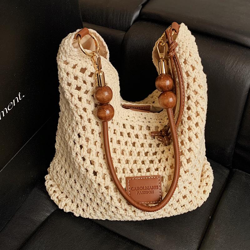 Женская сумка-тоут 2025 новая большой вместимости для поездок на работу для студентов колледжа на занятия плетеная мягкая полая пляжная на плечо