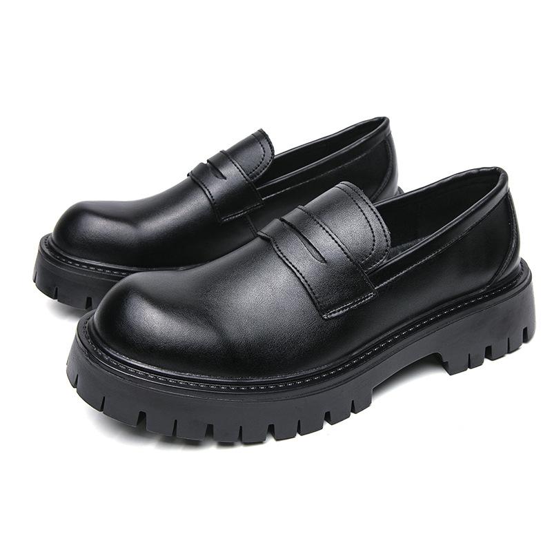Small Leather Shoes, Teenagers with One Foot, Loafers, Platform Black Fashion Men's Casual Leather Shoes.