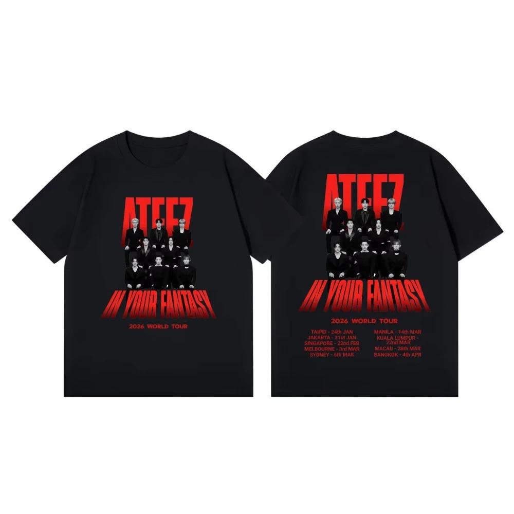 ATEEZ в вашем мире фантазий Тур 2026 Графические футболки K-pop мода Футболки с коротким рукавом Мужские Женские Повседневные Свободные Хлопковые футболки