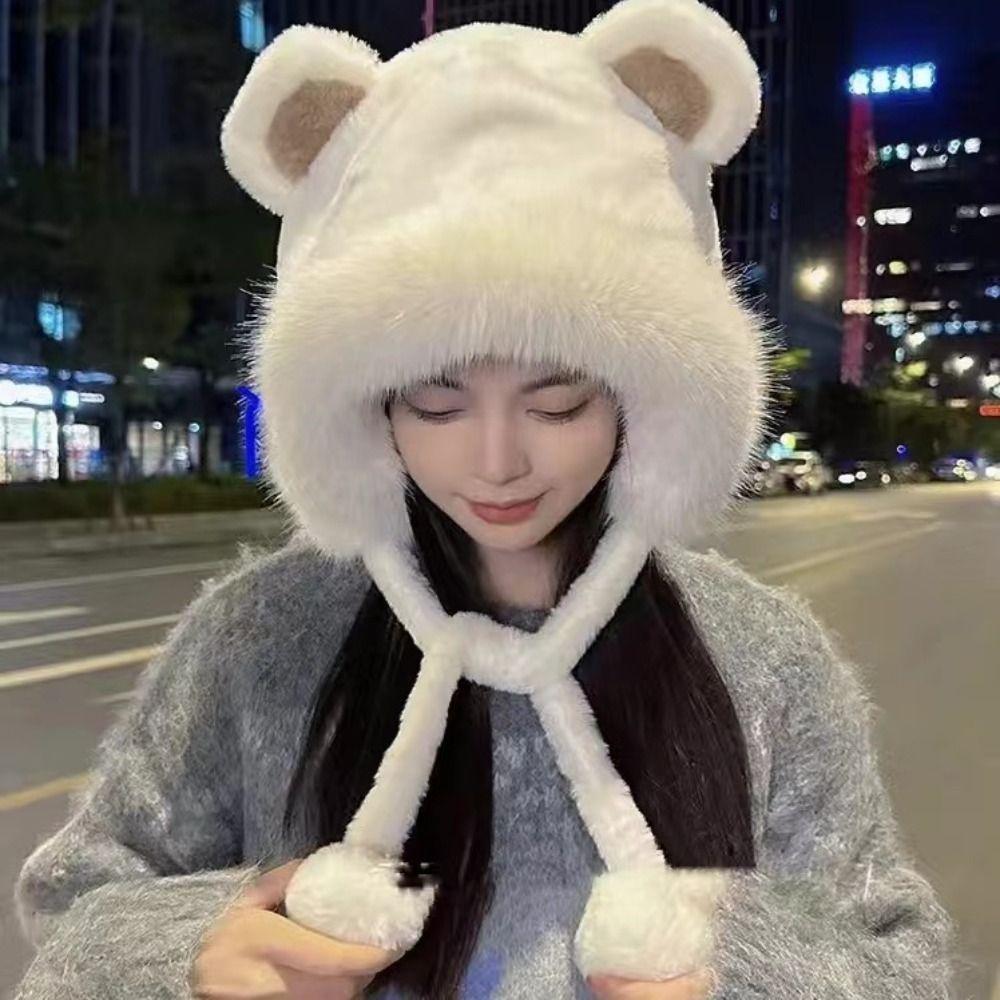 Velvet Lining Winter Hat Cute Bear Ears Bucket Hat Cold-proof Windproof Hat Women