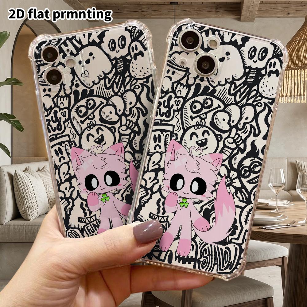 Phone case: 2D flat suitable for iPhone 18 17 16 15 14 13 Pro, transparent four corner protective case, pink beast, Christmas and Halloween gifts