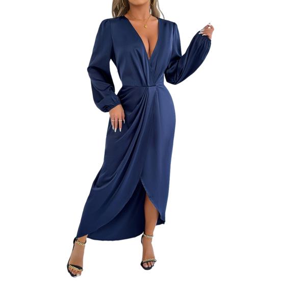 Женское атласное платье-запа́х длинное с V-образным вырезом, длинным рукавом, макси, с высоким разрезом, вечернее платье для вечеринки, коктейльное платье