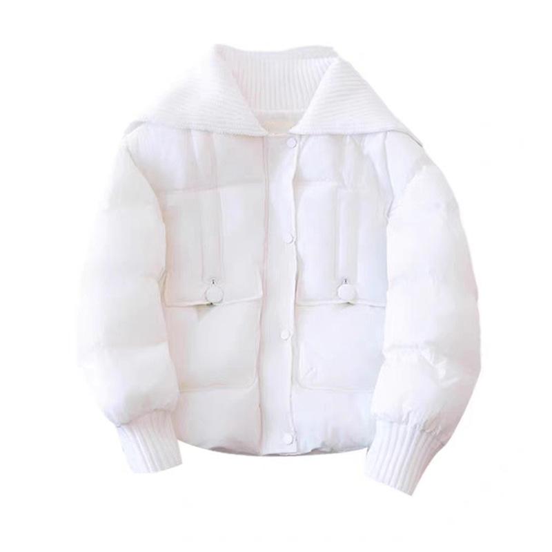 Knitted lapel down jacket women's short 2024 winter fashion splicing warm white duck down small trendy coat