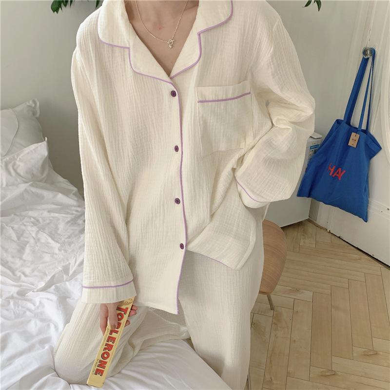 Хлопковые пижамы из пряжи, женские французские винтажные элегантные пижамы, простой кардиган с длинными рукавами, брюки, осенний стиль принцессы, домашняя одежда, домашний костюм из двух предметов