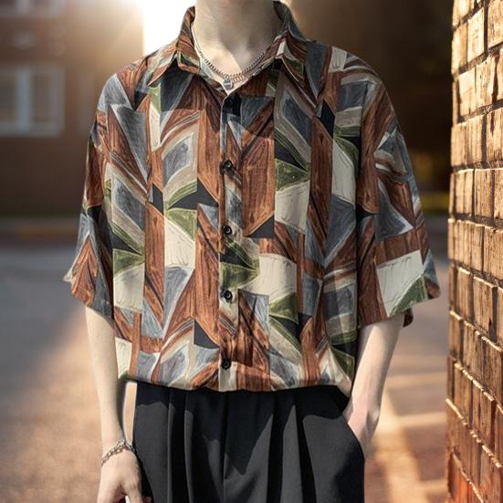 Мужская пляжная рубашка с короткими рукавами, насыщенные цвета, винтажные Гавайские свободные брюки, однобортный отложной воротник, мужская рубашка для отпуска, мужская одежда