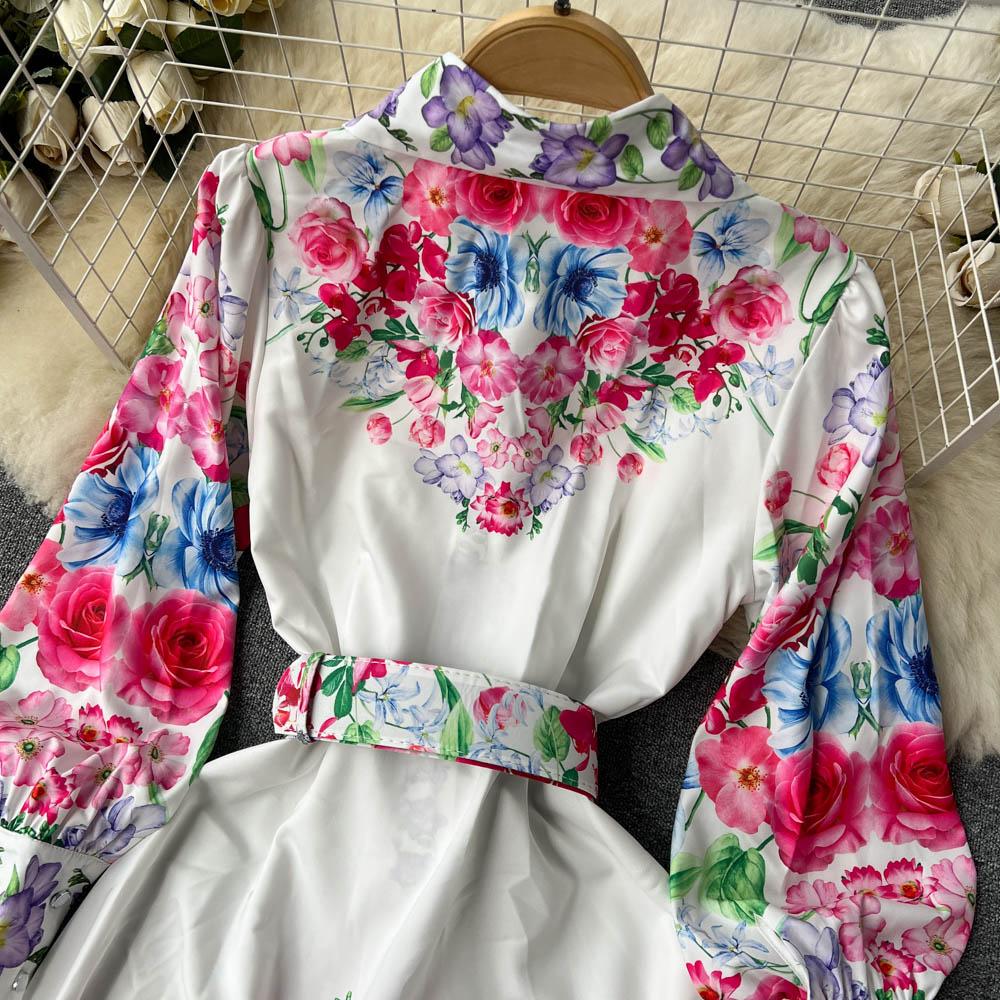 Весенне-осеннее платье-рубашка с длинными рукавами с лацканами и принтом, женское французское однобортное винтажное праздничное пляжное платье