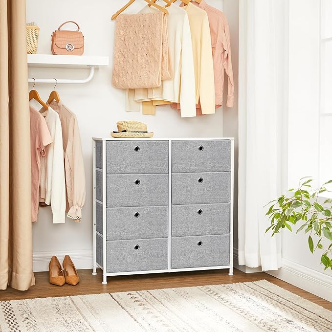 SONGMICS Chest of Drawers, Storage Unit with 8 Easy Pull Fabric Drawers, Dresser, Organiser Unit with Metal Frame, Tabletop, for Closet, Nursery