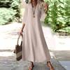 Женская мода V-образный вырез рукав семь карман однотонный молния повседневный отпуск длинные хлопково-льняные платья