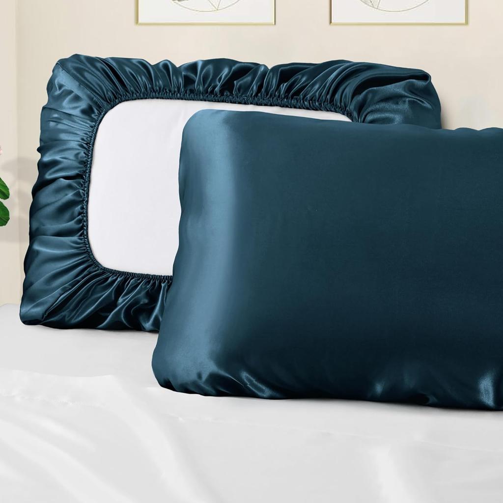 Manyshofu Атласные Наволочки для Защиты Волос - 1 шт. Темно-синие Наволочки, Эластичная Лента, Стандартный и Queen Размеры, Атласные Наволочки, Роскошные Шёлковые Наволочки