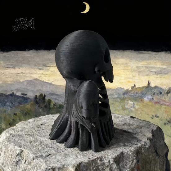 Unique Horror Trendy Toys 3D Printed Cthulhu Skull Statue, Gothic Hollow Skeleton Decor, Matte Black Retro Style Bone Texture Crafts Figurine
