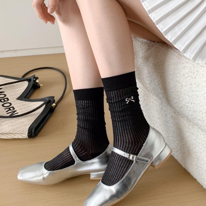 5 пар женских носков средней длины с бантом-бабочкой, однотонные, легкие, дышащие, мягкие, удобные, повседневные, длинные носки