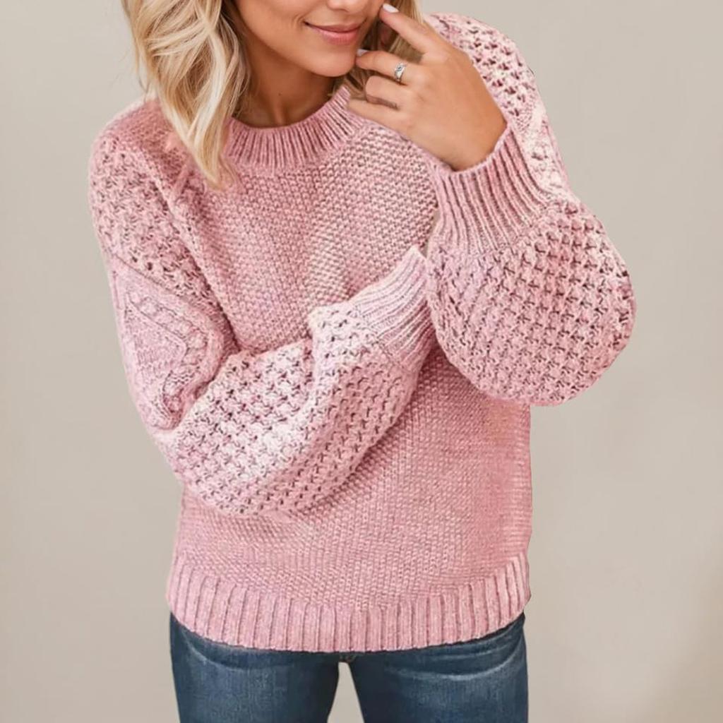 Women's Pullover Long Sleeve Round Neck Cable Knit Sweater Ladies Tops