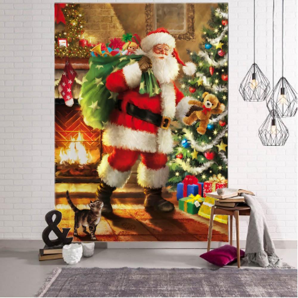 Christmas Decorative Tapestry Red Santa Claus Christmas Tree Fireplace Art Wall Hanging Home Holiday Wall Blanket Tapestries