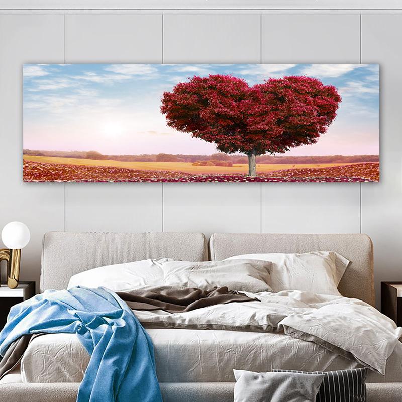 Современная панорамная картина на холсте с изображением цветочного поля на закате в ярких зеленых и красных тонах