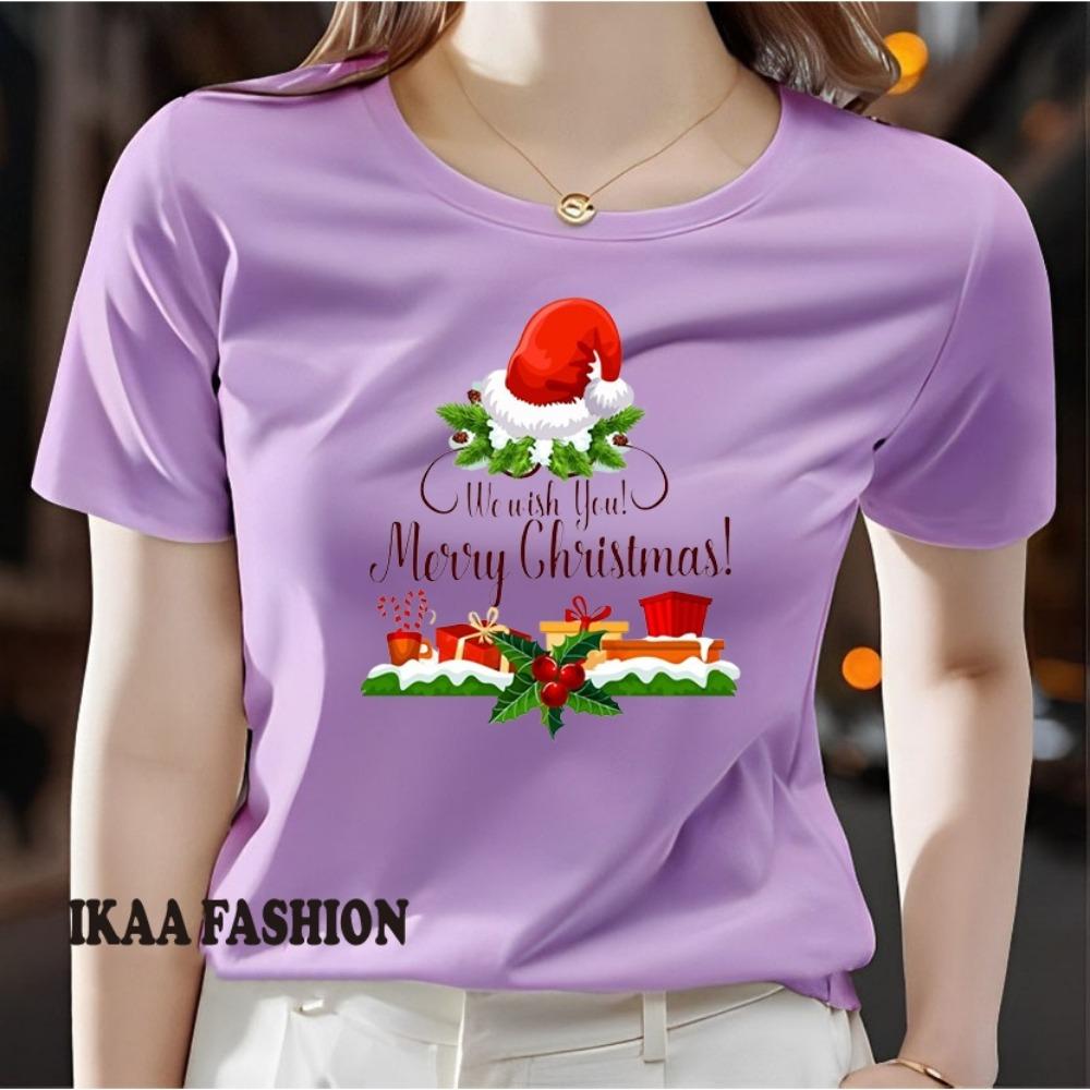 Ladies' Christmas Element Pattern Printed T-shirt - Short Sleeve Round Neck Casual Top