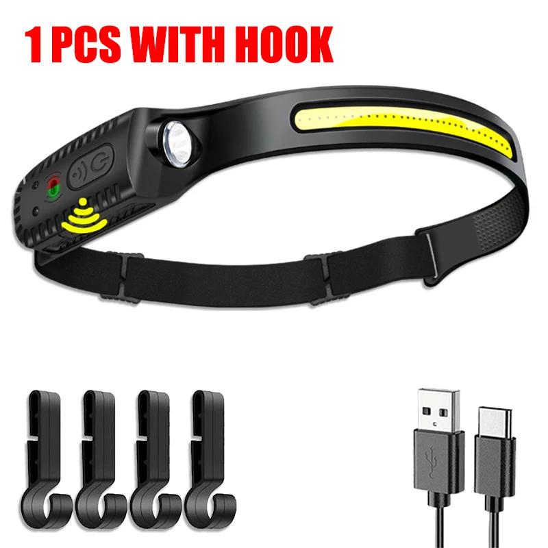 Светодиодный налобный фонарь с датчиком COB, USB-перезаряжаемый фонарь со встроенным аккумулятором, 5 режимов освещения, Налобный фонарь, Наружный, Аварийный, Рабочий фонарь