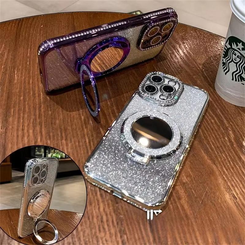 Diamond Glitter For Magsafe Bracket Phone Cases For iPhone 17 16 15 14 13 12 11 Pro Max Air Mirror Magnetic Holder Stand Cover